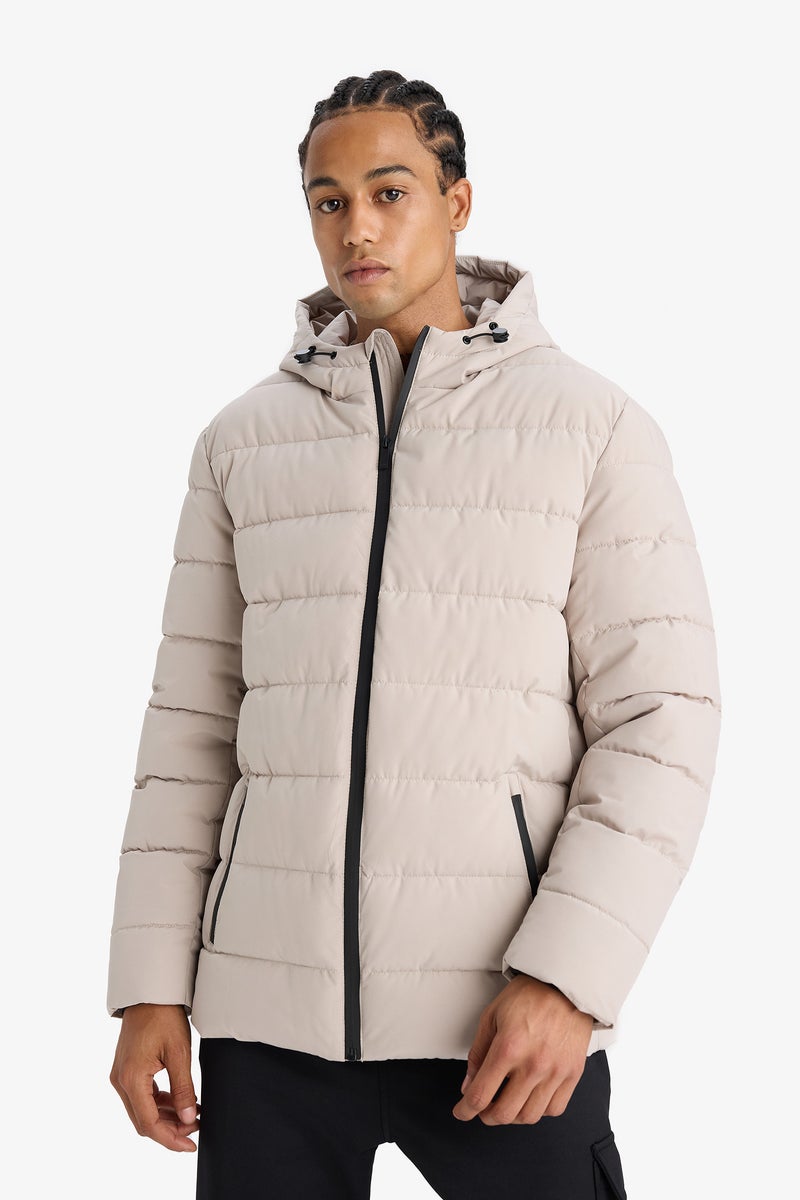 DeFacto Beige Man Slim Fit Lined Hooded Zippered Padded Waterproof Jacket Casual - Image 4